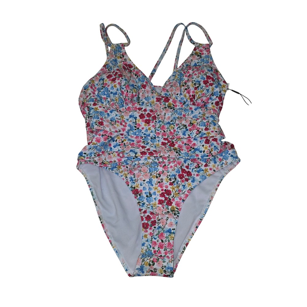 AIMAGE Floral‎ One Piece Swimsuit Women Large Multicolor V-Neck Cutout Back NWT